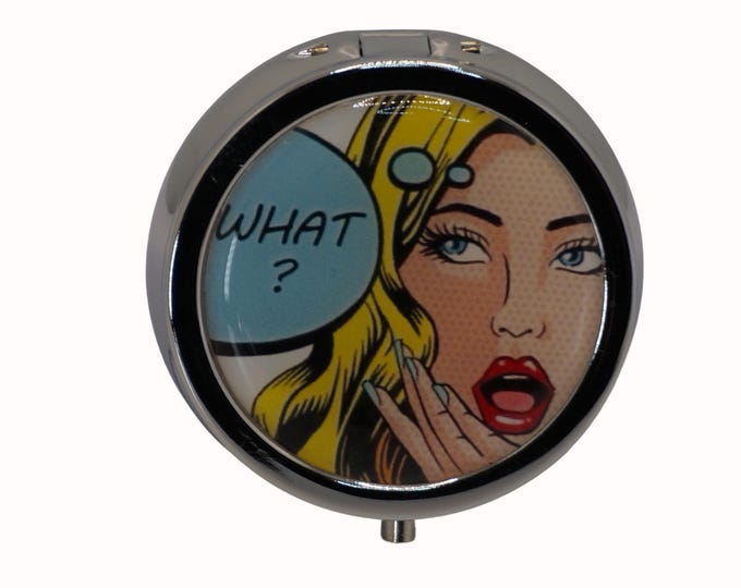 Retro Pop Art, Women, What?, Pill Box, Medicine Case, One Day Pill Box, Trinket Box, Pill Case