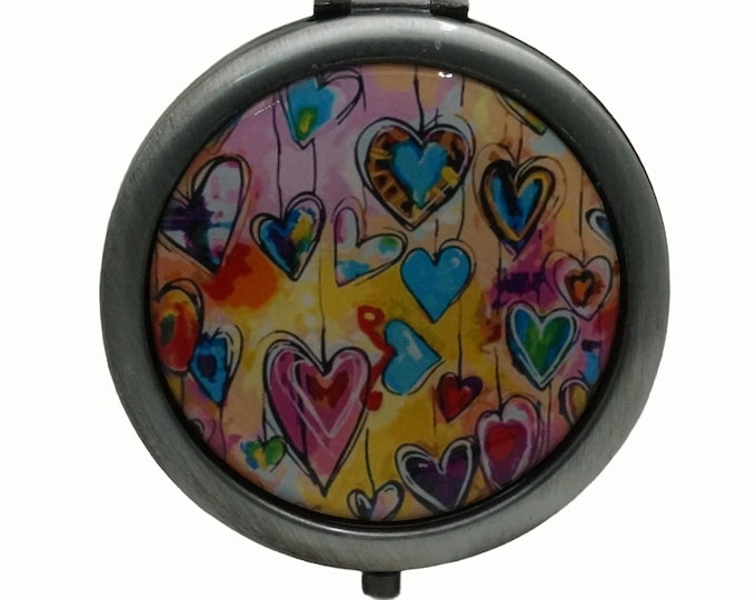 Colorful Hearts, Love Hearts, Antique Silver Compact Mirror, Purse Mirror, Pocket Mirror, Handbag Mirror, Makeup Mirror