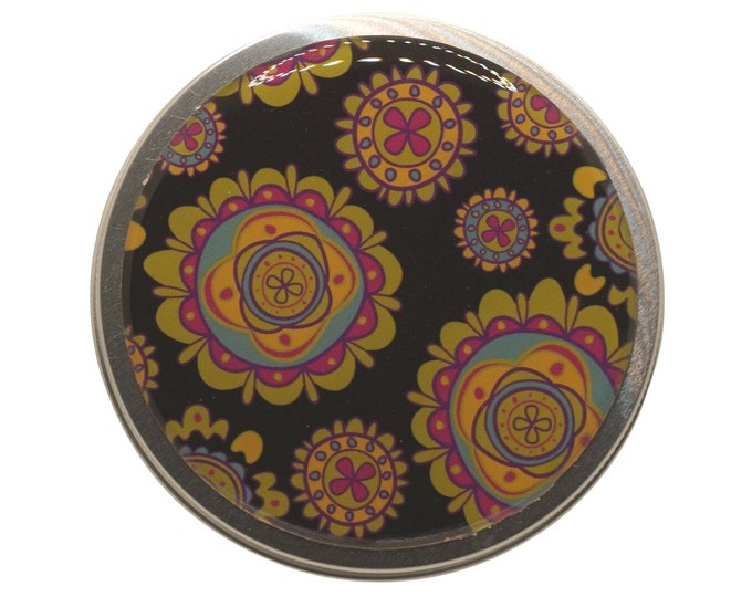 100ml Round Screw Top Hand Decorated Tin Rings Earrings Gift Tin Mints Keepsakes Tin Floral Colorful Flowers on Black