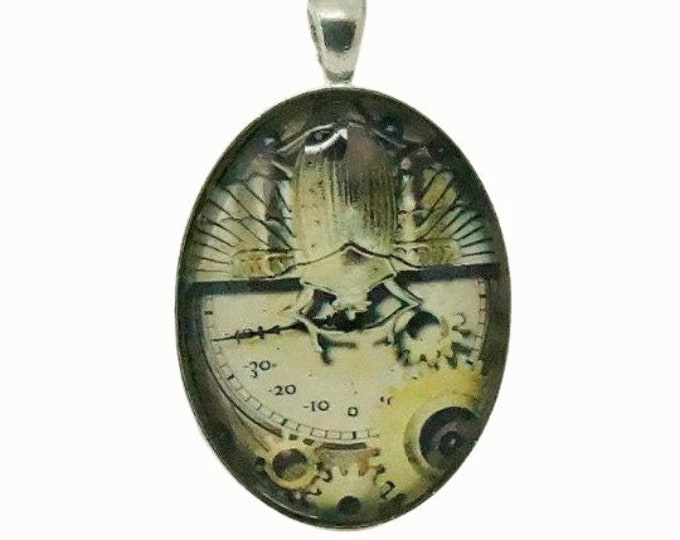 Steampunk, Beatle, Cogs, Oval Silver Plated Glass Pendant, Necklace Pendant