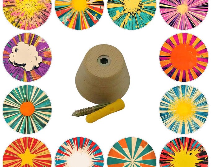 Pop Art Backgrounds Wooden Wall Hooks, Hand Decorated, 5cm