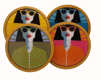 Funky Faces, Glasses, Rainbow, Coffee, Coasters, Set of Four Round Wooden Coasters, Wine, Drink Coasters, Coffee Coaster