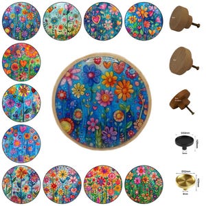 Hippy Flowers Round Wooden Cabinet Pulls, Drawer Knobs, Home Decor