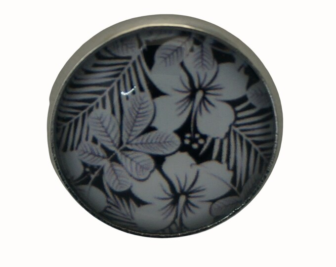 Black and White, Floral, Round Metal Brooch, Silver Plated, 2.0cm Brooch, Glass, Scarf Pin, Lapel Pin