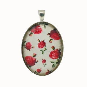 Floral Red Roses, Oval Silver Plated Glass Pendant, Necklace Pendant