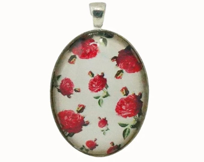 Floral Red Roses, Oval Silver Plated Glass Pendant, Necklace Pendant