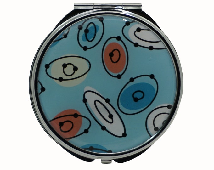 Mid Century Art, Retro, Circles, Blue,  Large Pill Box, Mirror, Medicine Case, Pill Case, Silver Pill Box, Three Sectioned Pill Box