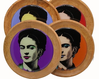 Frida Kahlo, Pop Art, Set of Four Mango Wooden Coasters, Wine Coasters, Drink Coasters, Coffee Coasters