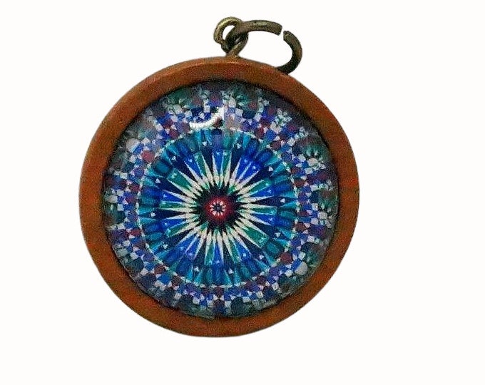 Wooden Backed Glass Tile Pendant Necklace Accessories Natural Wooden Pendant Patterned Mandala Blue Red White