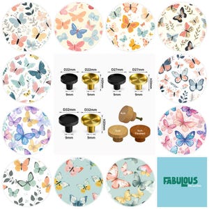 May include: A collection of cabinet knobs in black, gold, and natural wood finishes, displayed with technical diagrams showing diameters of 22mm, 27mm, and 32mm, and heights of 20mm. The image includes various circular patterns featuring colorful butterflies.