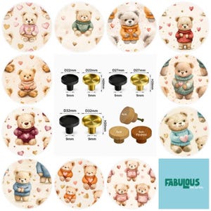 May include: A collection of circular cabinet knobs featuring teddy bear illustrations with hearts, alongside technical diagrams showing dimensions of 22mm, 27mm, and 32mm diameters, and wooden knobs measuring 4cm and 5cm in diameter.