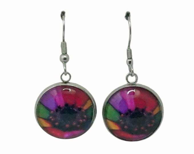 Stainless Steel Glass Tile Hooped Earrings Accessories Floral Rainbow Daisy