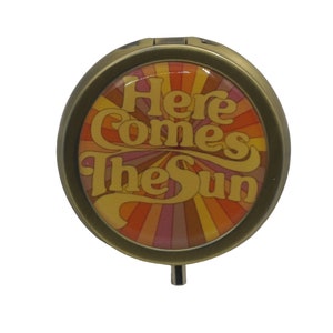 Pill Box Medicine Case Trinket Box Earring Box Mint Box Metal Pill Box Here Comes the Sun 1960 1970 Bronze Pill Box