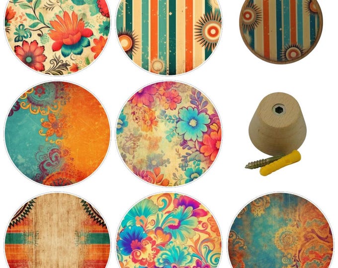 Wooden Wall Hooks, Coat Hooks, Wall Decor, Decorative Wall Hooks, Wall Art, Retro, Patterned, Floral, Orange, Blue