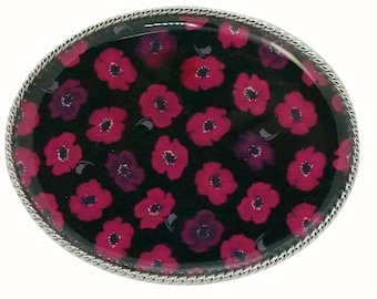 Hand Decorated Belt Buckle Woman's Belt Buckle Western Style Belt Buckle Floral Flowers Pink Flowers on Black