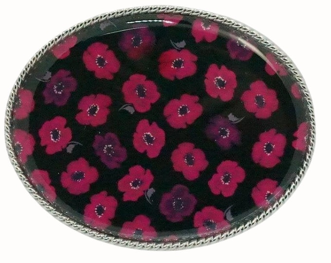 Hand Decorated Belt Buckle Woman's Belt Buckle Western Style Belt Buckle Floral Flowers Pink Flowers on Black