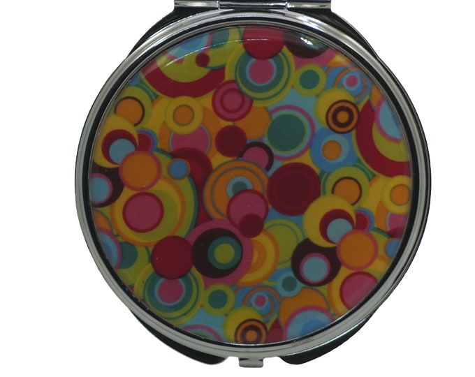 Bright Circles, Retro,  Large Pill Box, Mirror, Medicine Case, Pill Case, Medication Container, Silver Pill Box, Three Sectioned Pill Box