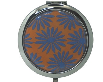 Floral, Flower, Orange, Blue, Compact Mirror, Purse Mirror, Pocket Mirror, Handbag Mirror, Makeup Mirror