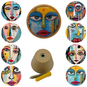 May include: A collection of colorful, round cabinet knobs featuring abstract face designs. The knobs have a wooden base and are adorned with vibrant colors, including blue, red, yellow, and orange. Each knob showcases a unique artistic expression.