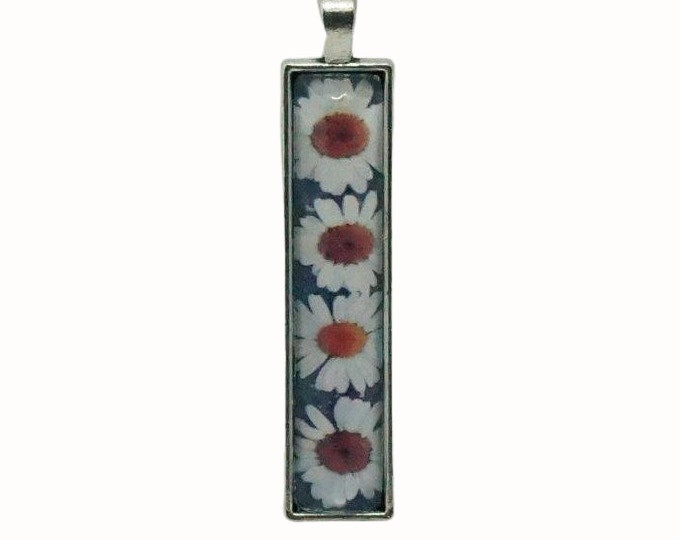 Long Rectangle Glass Tile Pendant Floral Flowers White Daisies Daisy