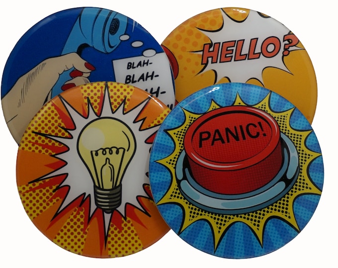 Retro, Pop Art, Hello, Blah Blah, Light Bulb, Panic, Set of Four Coasters, Wine Coasters, Drink Coasters, Coffee Coasters