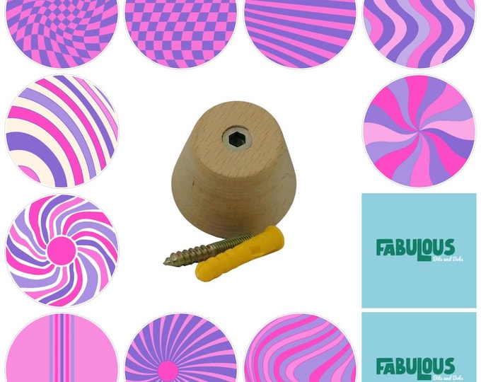 Groovy Purple and Pink Wooden Wall Hooks, Hand Decorated, 5cm