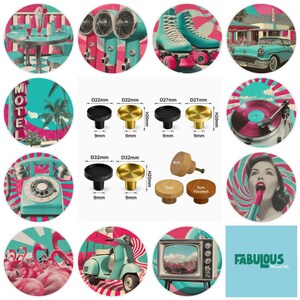 May include: A collection of circular images featuring retro themes like a diner, roller skates, a classic car, a motel sign, a record player, a rotary phone, flamingos, a scooter, and a television, alongside metal and wooden cabinet knobs.