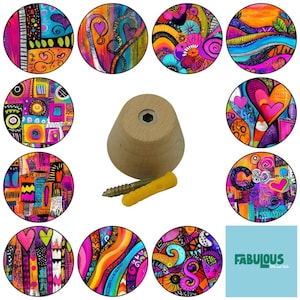 May include: A light-colored wooden knob with a central metal insert, accompanied by a metal screw and a yellow plastic wall anchor. Surrounding the knob are eleven circular images displaying vibrant, abstract, and colorful artistic patterns.