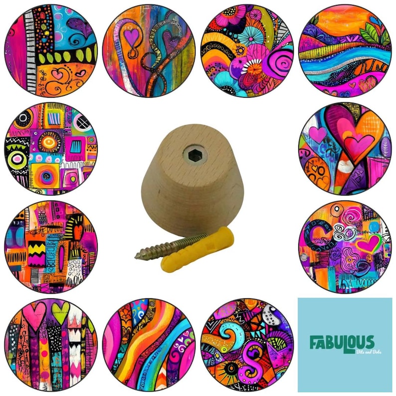 May include: A light-colored wooden knob with a central metal insert, accompanied by a metal screw and a yellow plastic wall anchor. Surrounding the knob are eleven circular images displaying vibrant, abstract, and colorful artistic patterns.
