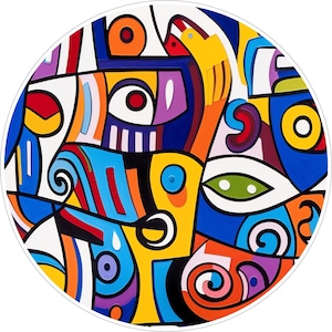May include: A circular wall art piece featuring a vibrant abstract composition with bold black outlines. The design incorporates geometric shapes and stylized eye motifs in bright shades of blue, yellow, orange, red, purple, and green on white.