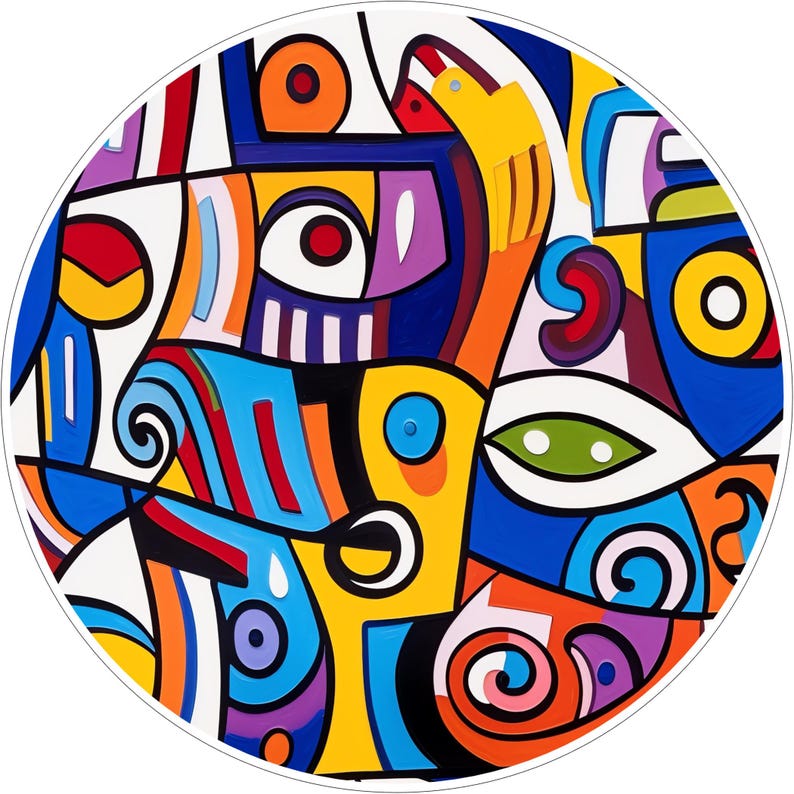 May include: A circular wall art piece featuring a vibrant abstract composition with bold black outlines. The design incorporates geometric shapes and stylized eye motifs in bright shades of blue, yellow, orange, red, purple, and green on white.