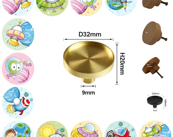 Astronauts Wooden Drawer Knobs, Patterned Cabinet Handle (3cm, 4cm, 5cm Available)