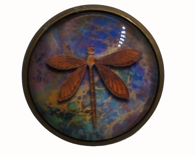 Dragonfly, Round Metal Brooch, Bronze Plated, 2.5cm Brooch, Glass, Scarf Pin, Lapel Pin