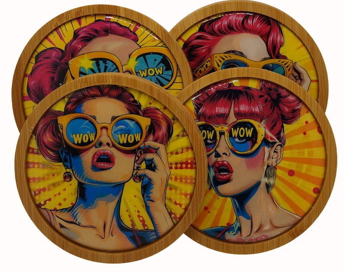 Pop Art, Retro, WOW, Women with glasses, Coasters,  Set of Four Round Wooden Coasters, Wine, Drink Coasters, Coffee Coaster