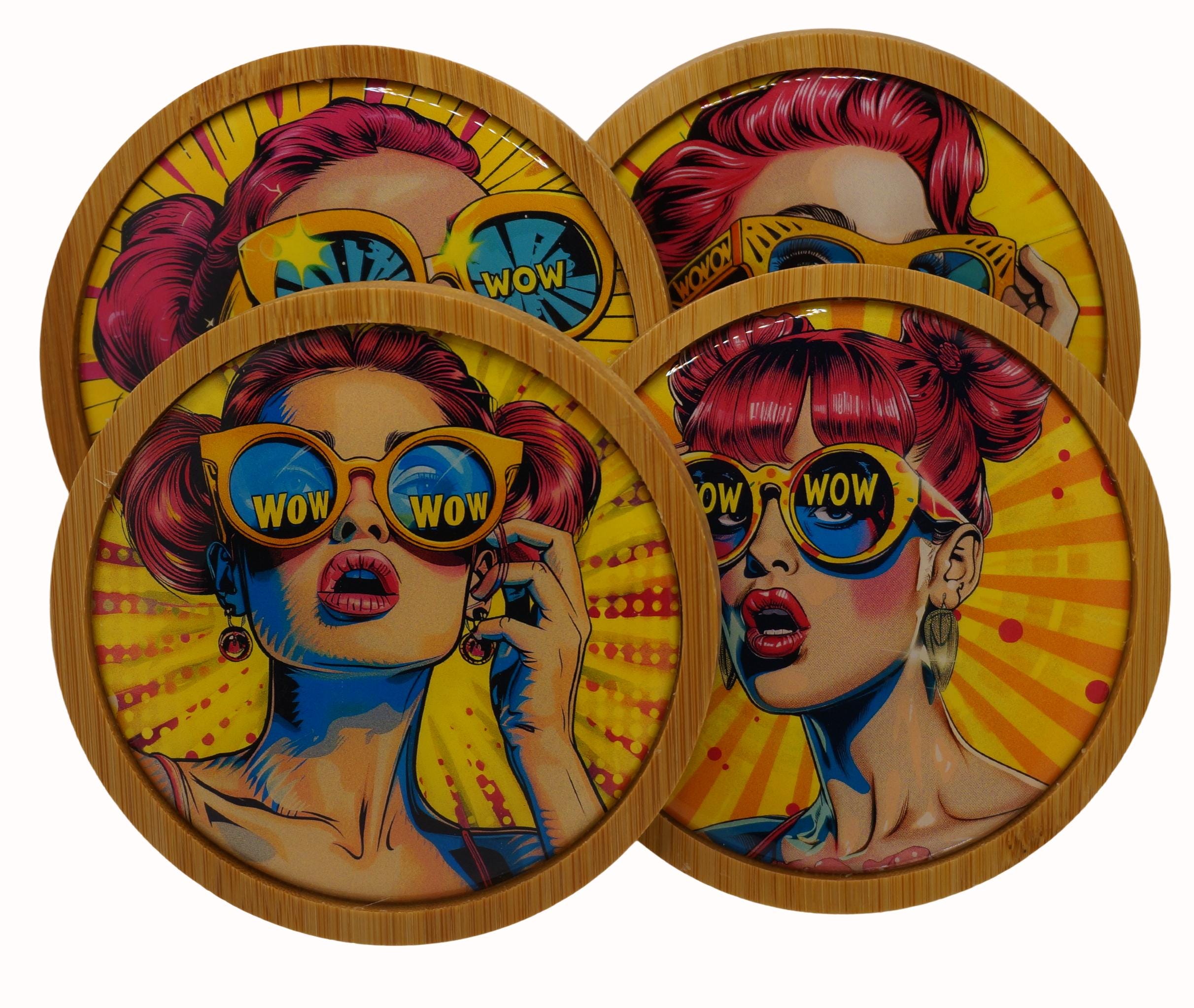 Pop Art, Retro, WOW, Women With Glasses, Coasters, Set of Four