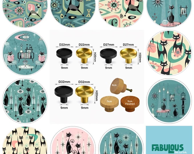 Mid Century Retro Cats Wooden Drawer Knobs, Furniture Handles