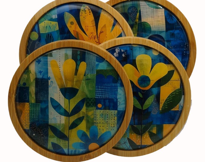 Abstract Floral Art, Flowers, Yellow, Blue, Green, Coasters,  Set of Four Round Wooden Coasters, Wine, Drink Coasters, Coffee Coaster
