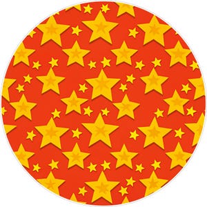 May include: A circular design featuring a repeating pattern of yellow stars on a red background. The stars vary in size, creating a dynamic and playful visual effect. The design is enclosed within a white border.