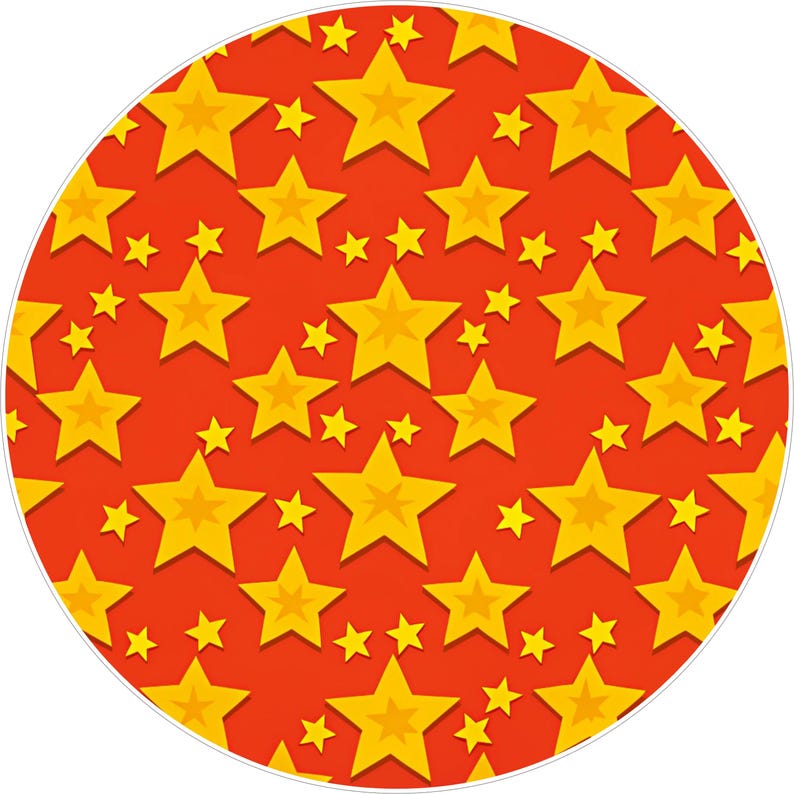 May include: A circular design featuring a repeating pattern of yellow stars on a red background. The stars vary in size, creating a dynamic and playful visual effect. The design is enclosed within a white border.