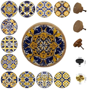 Mexican Talavera Round Wooden Cabinet Pulls, Drawer Knobs, Home Decor