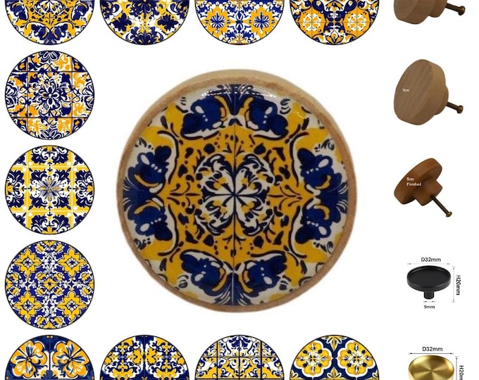 Mexican Talavera Round Wooden Cabinet Pulls, Drawer Knobs, Home Decor