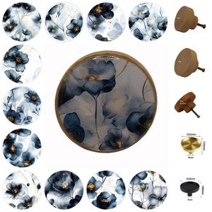 Blue Floral Wooden Drawer Knobs, Resin Finish, Brass Cabinet Pulls, Glass Finish, 3cm, 4cm, 5cm