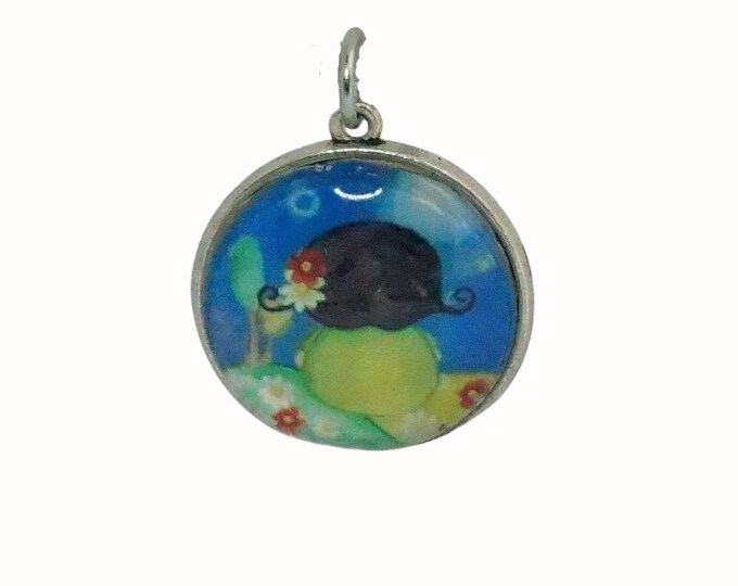 Doubled Sided Round Glass Pendant Two Pendants in One Antique Silver Plated  Sweet Girl