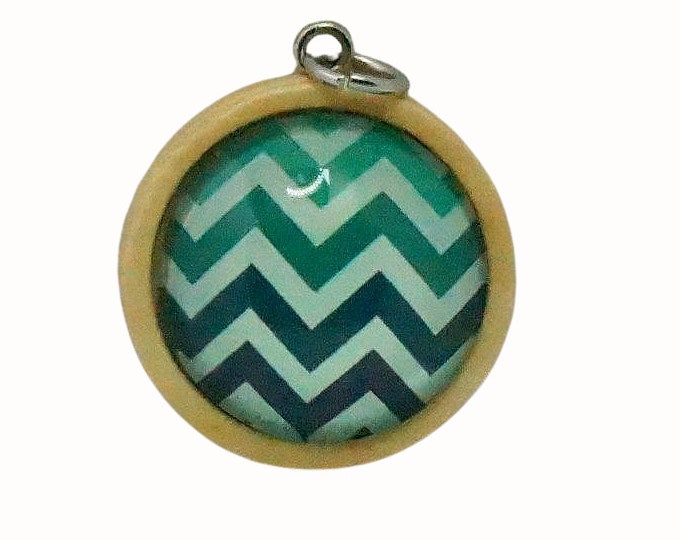Wooden Backed Glass Tile Pendant Necklace Accessories Natural Wooden Pendant Patterned Chevron Green