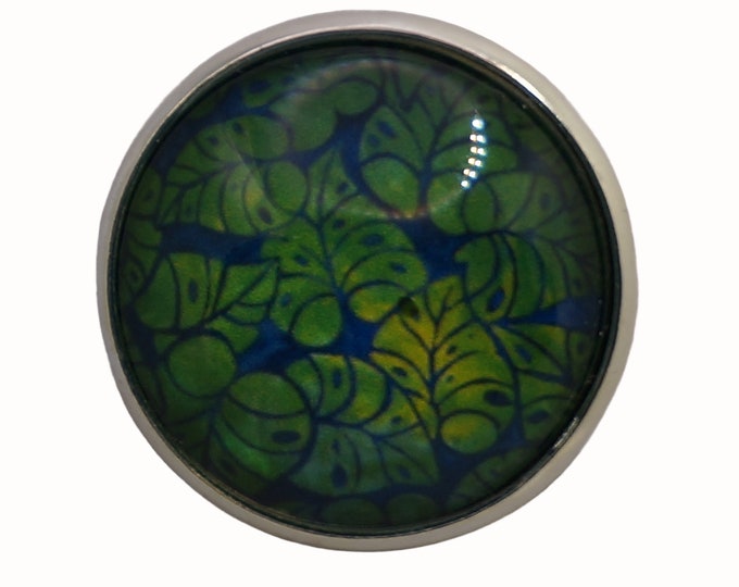 Leaves, Blue and Green, Round Metal Brooch, Silver Plated, 2.5cm Brooch, Glass, Scarf Pin, Lapel Pin