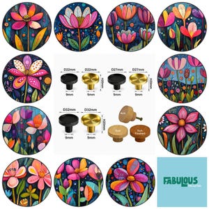 Op de afbeelding: Een collectie ronde kastknoppen met levendige bloemillustraties in roze, oranje en blauw. De afbeelding bevat technische diagrammen met metalen knoppen in diameters van 22mm, 27mm en 32mm, plus houten knoppen van 4cm en 5cm.