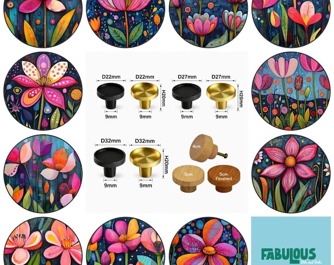 Floral Wooden Drawer Knobs: Colorful Cabinet Pulls, 3 Sizes