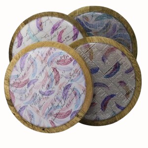Set of Four Round Arcadian Wooden Coasters Wine Coaster Drink Coasters Coffee Coaster Vintage Feathers