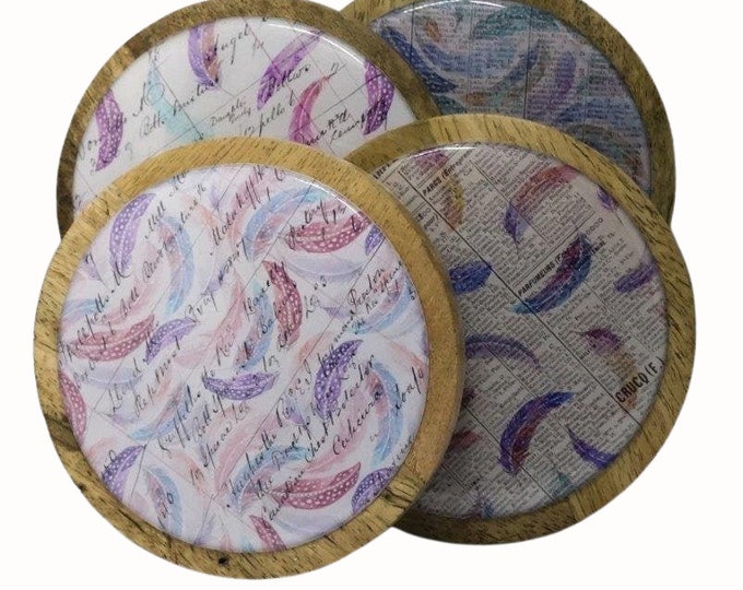 Feather Design Wooden Coasters: Arcadian Wood, Set of 4 Wine Coasters