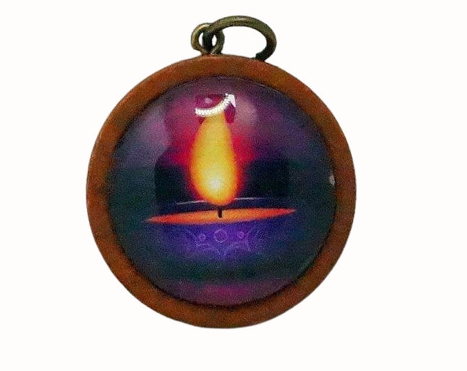 Wooden Backed Glass Tile Pendant Necklace Accessories Natural Wooden Pendant Diwali Festival of Lights Hindu